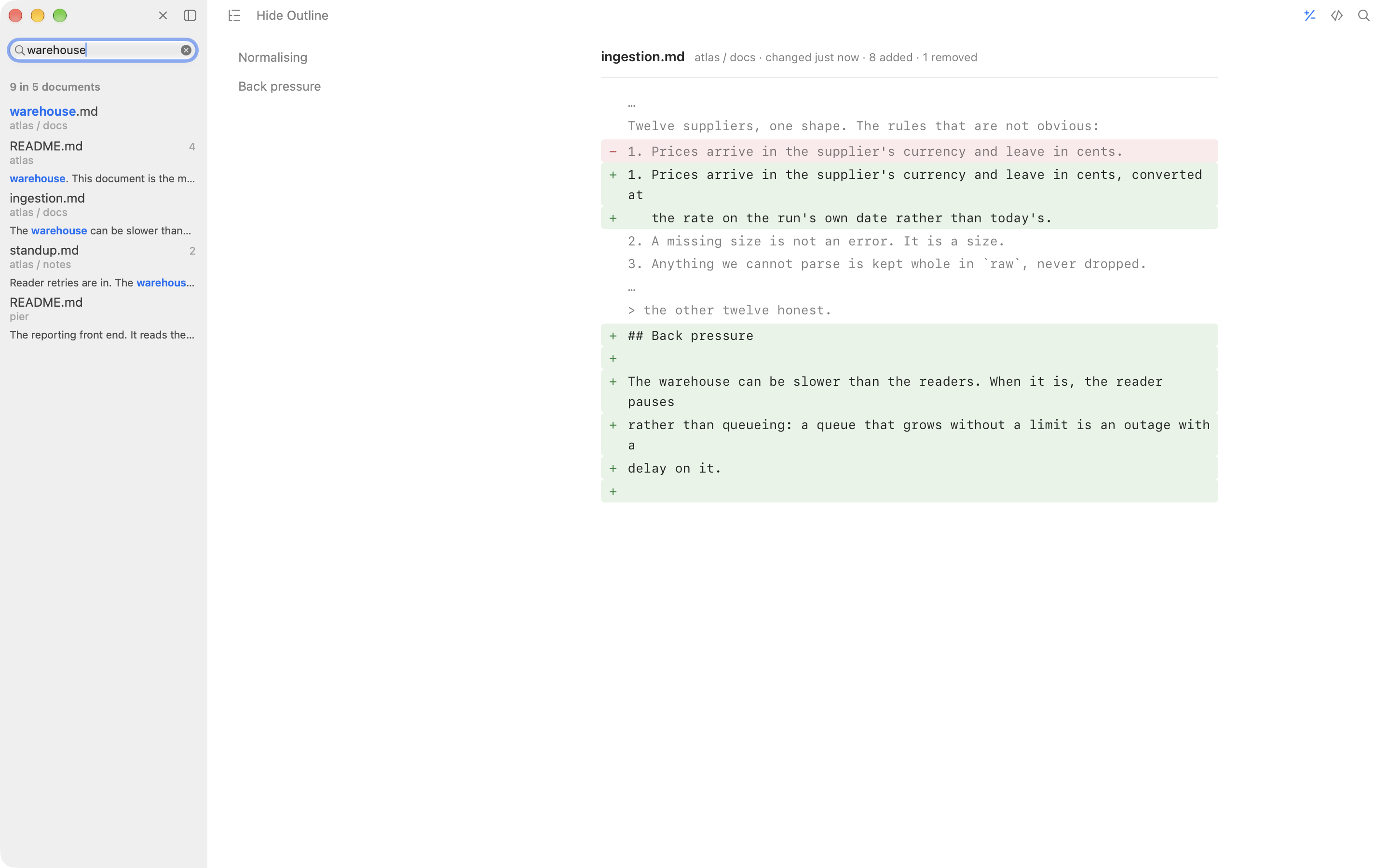 Macaroni's sidebar search showing results grouped by file: name matches first, then content matches with snippets and counts.