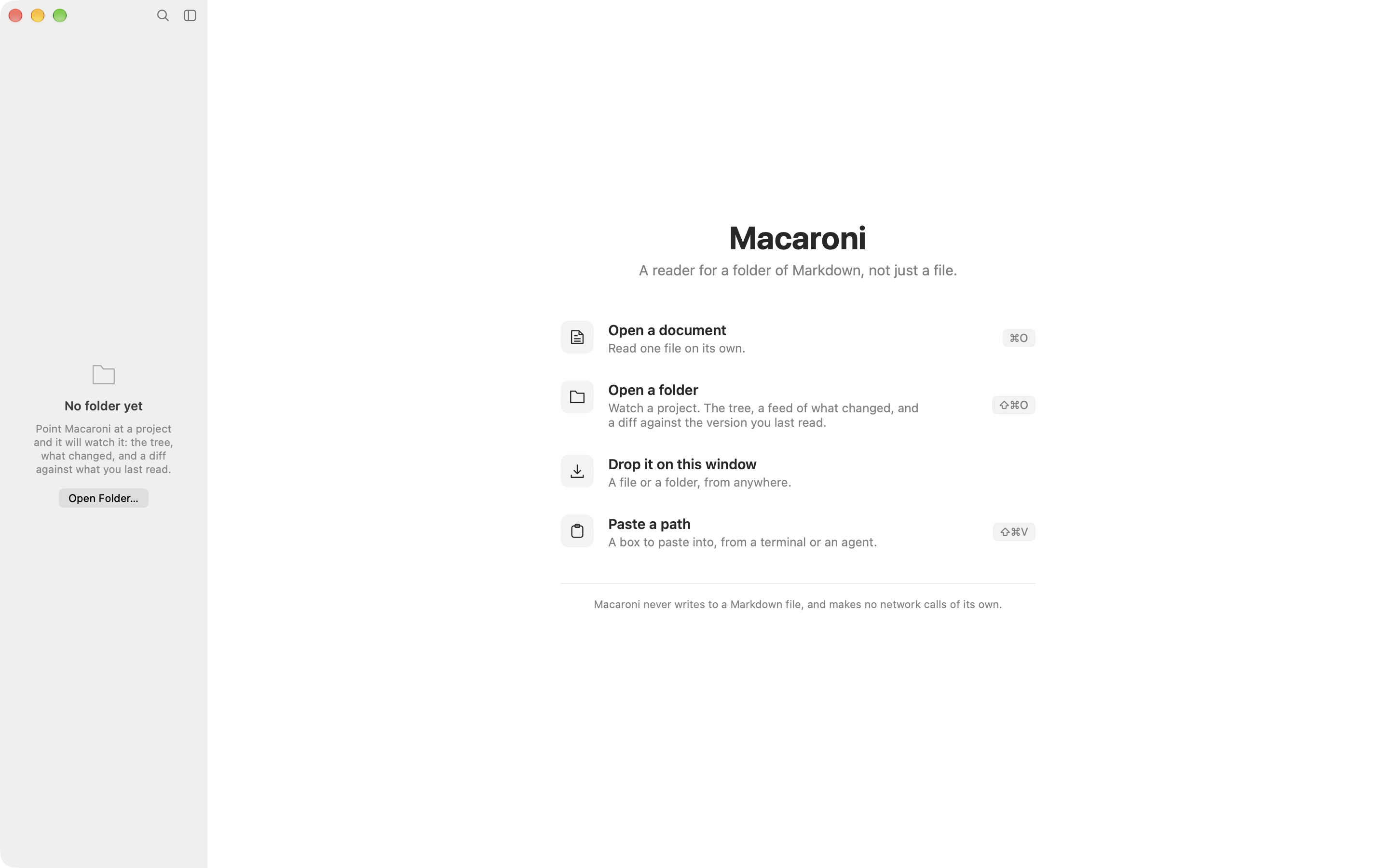 Macaroni's first run screen, offering four ways in: open a document, open a folder, drop one on the window, or paste a path.